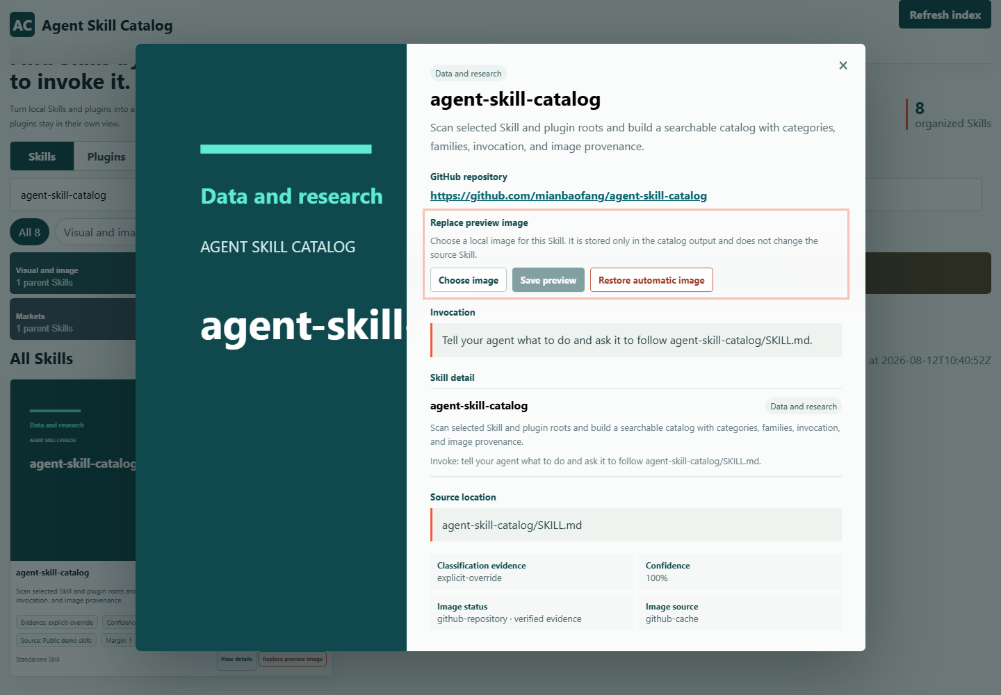 Agent Skill Catalog English detail panel showing GitHub repository, invocation text, source path, and replace-preview and restore-automatic-image controls