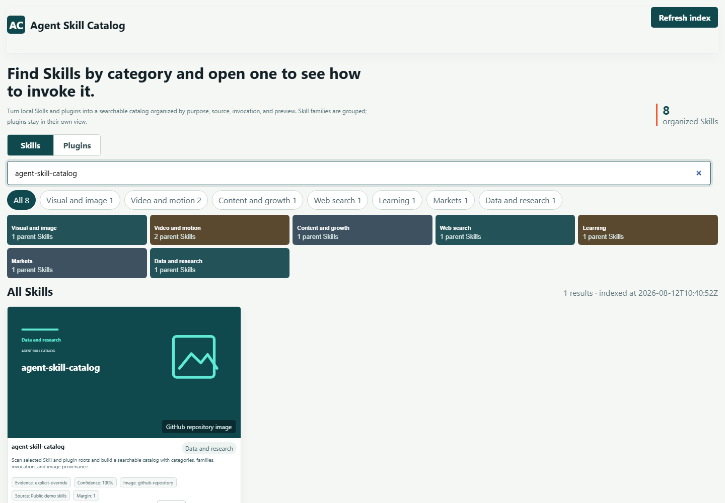 Agent Skill Catalog English filtered view showing categories, search results, and a Skill preview