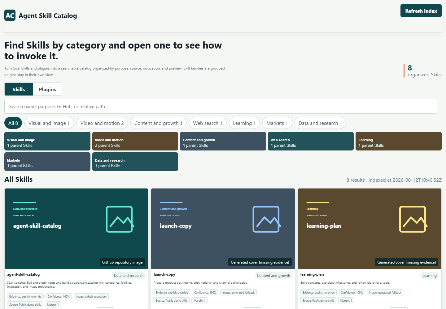 Agent Skill Catalog English overview with category tabs, Skill families, plugin separation, and preview images