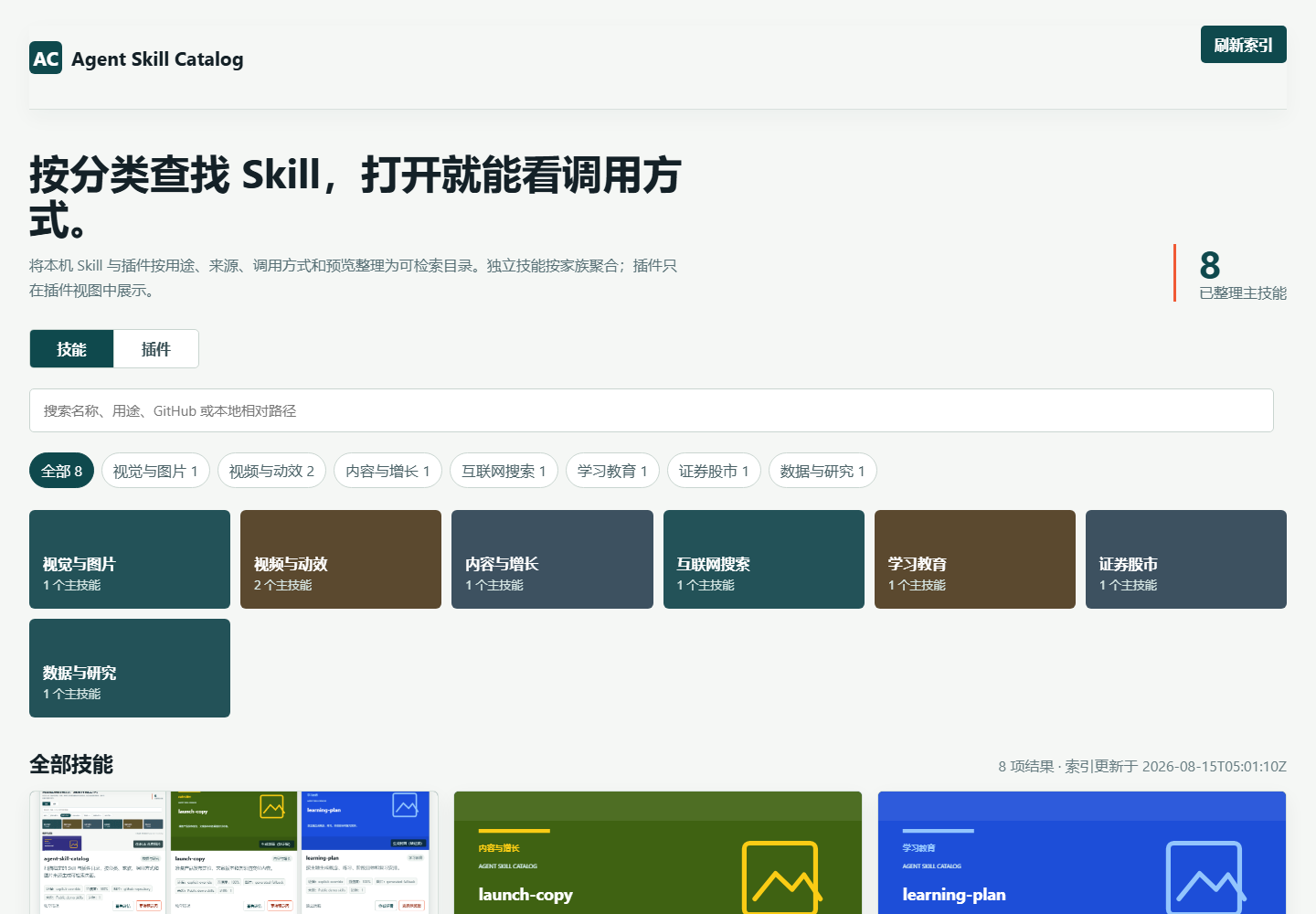 Agent Skill Catalog 总览,显示分类标签、Skill 家族、插件分离和预览图片