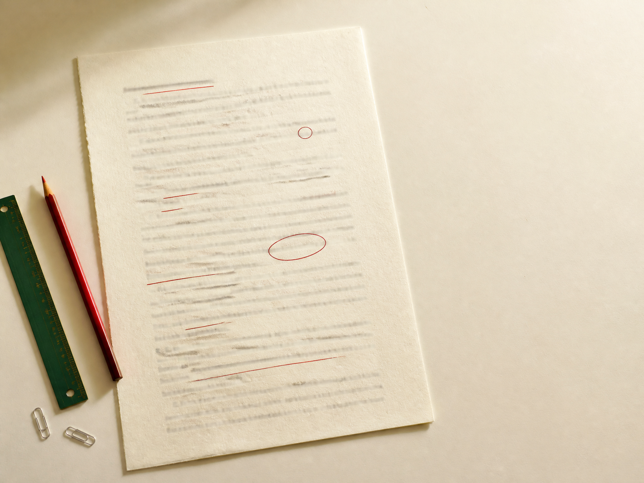 Proofreading desk with marked-up draft